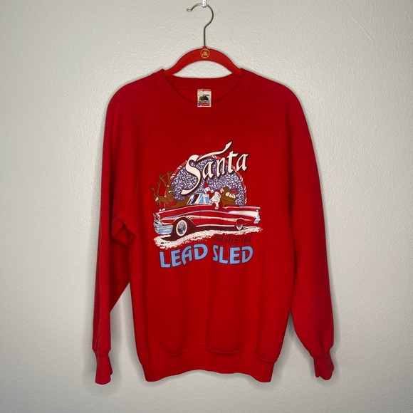 Vintage Santa And His Red Lead Sled Christmas Red Sweater Size Large - Picture 1 of 6